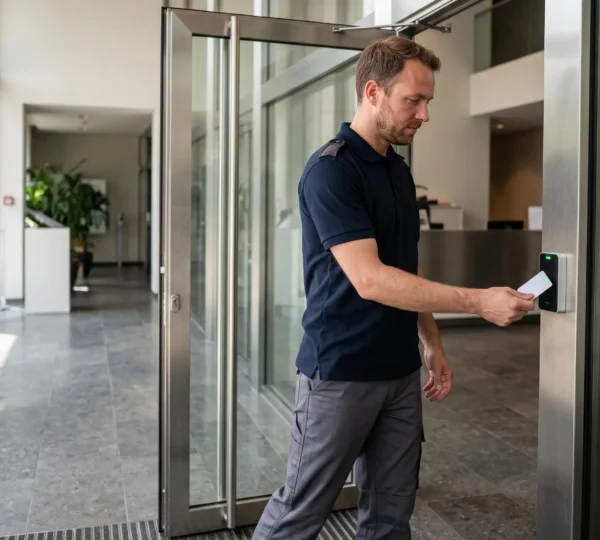 Un technicien présente un badge RFID devant un lecteur mural à l'entrée vitrée d'un immeuble de bureaux.